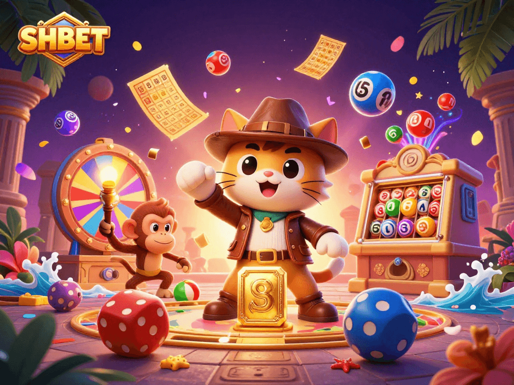 SHBET brings excitement with a playful cat archaeologist uncovering treasure in a vibrant casino scene.