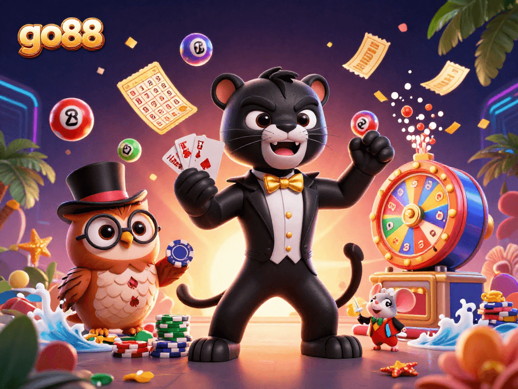 Win big at go88 with a stylish panther dealer, owl, and lucky mouse in a vibrant casino scene.