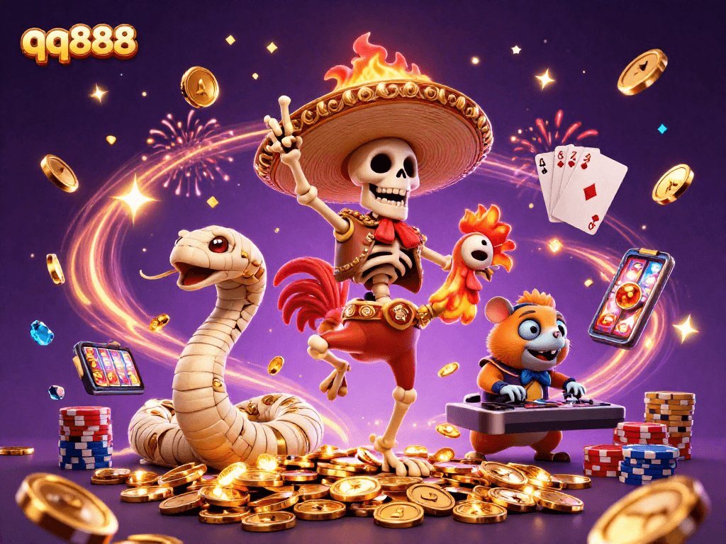Experience the thrill of qq888 with a lively 3D casino scene featuring dynamic characters and gaming elements.