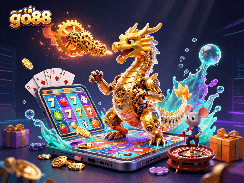 Experience thrilling gameplay with tải go88, featuring a vivid golden dragon surrounded by vibrant casino elements.