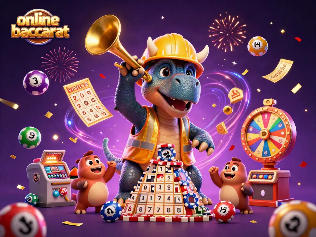 Experience online baccarat with vibrant characters celebrating and game elements swirling around them.