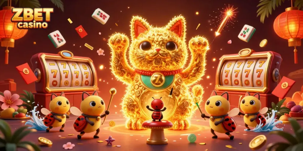 Experience the excitement of ZBET casino with a vibrant 3D digital rendering of a lucky cat surrounded by casino elements.