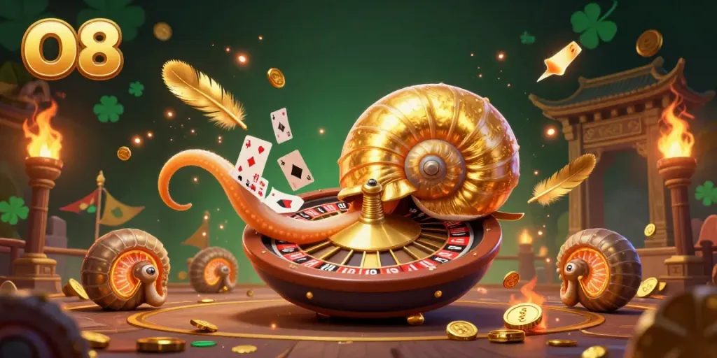 Engage in thrilling gameplay at O8 with a vibrant 3D casino scene featuring a golden roulette nautilus and glowing fossil companions.