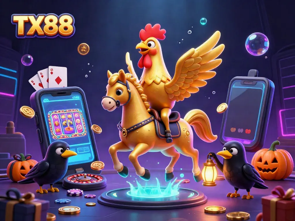 Engage with the vibrant world of TX88, featuring a golden rooster and casino games!