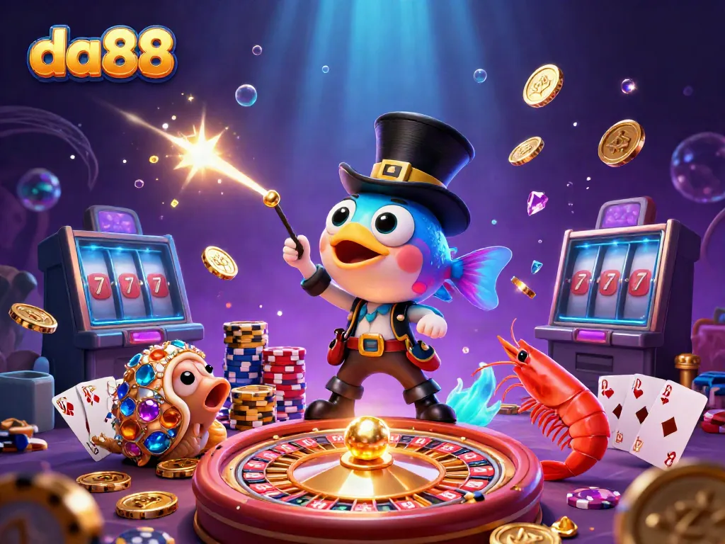 Engage with the thrilling da88 experience captured in a vibrant underwater casino scene with dynamic characters and gleaming treasures.