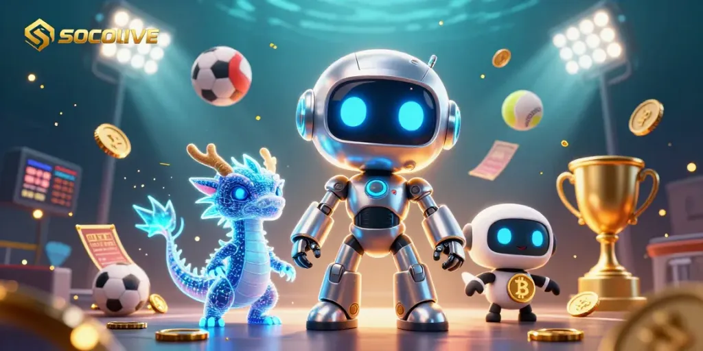 SOCOLIVE elevates your gaming experience with a cyberpunk robot and holographic elements in an engaging atmosphere.