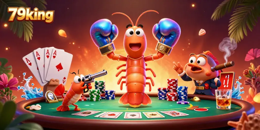Experience thrilling poker action with 79king as the vibrant mantis shrimp and friends play cards amidst colorful casino elements.
