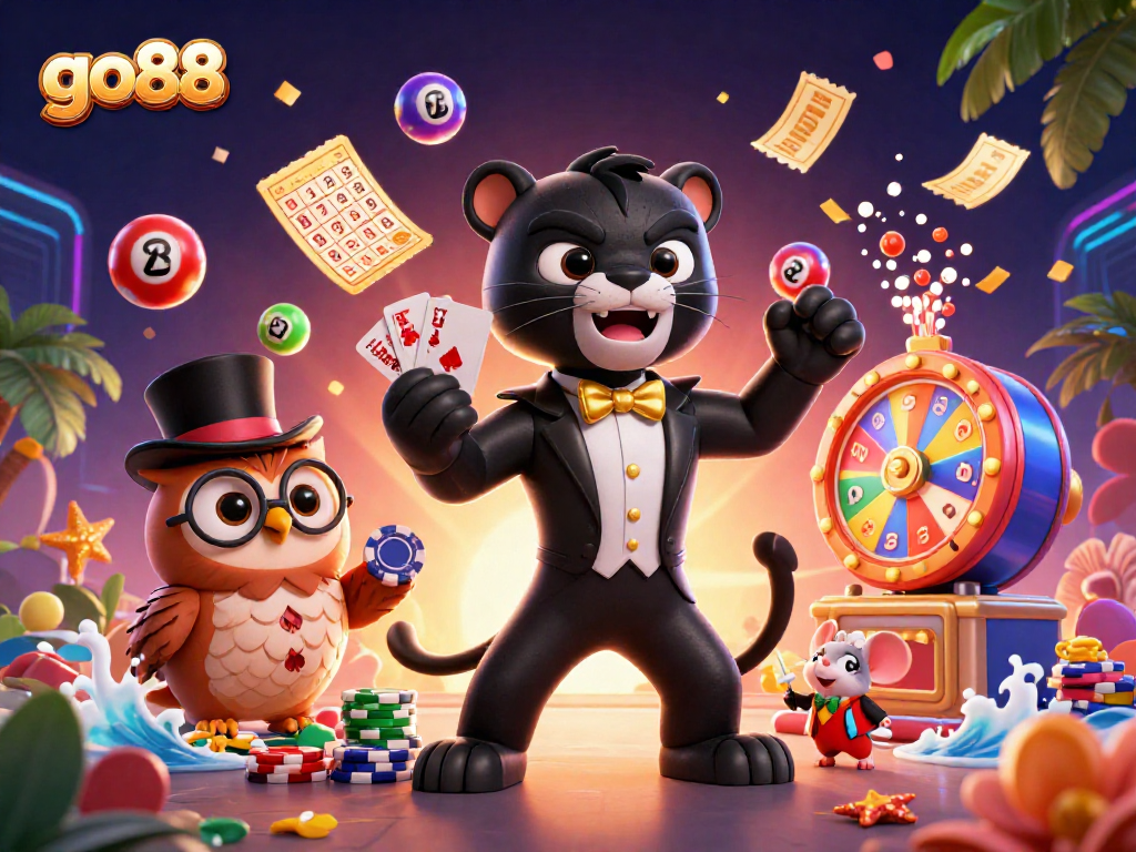 Win big at go88 with a stylish panther dealer, owl, and lucky mouse in a vibrant casino scene.