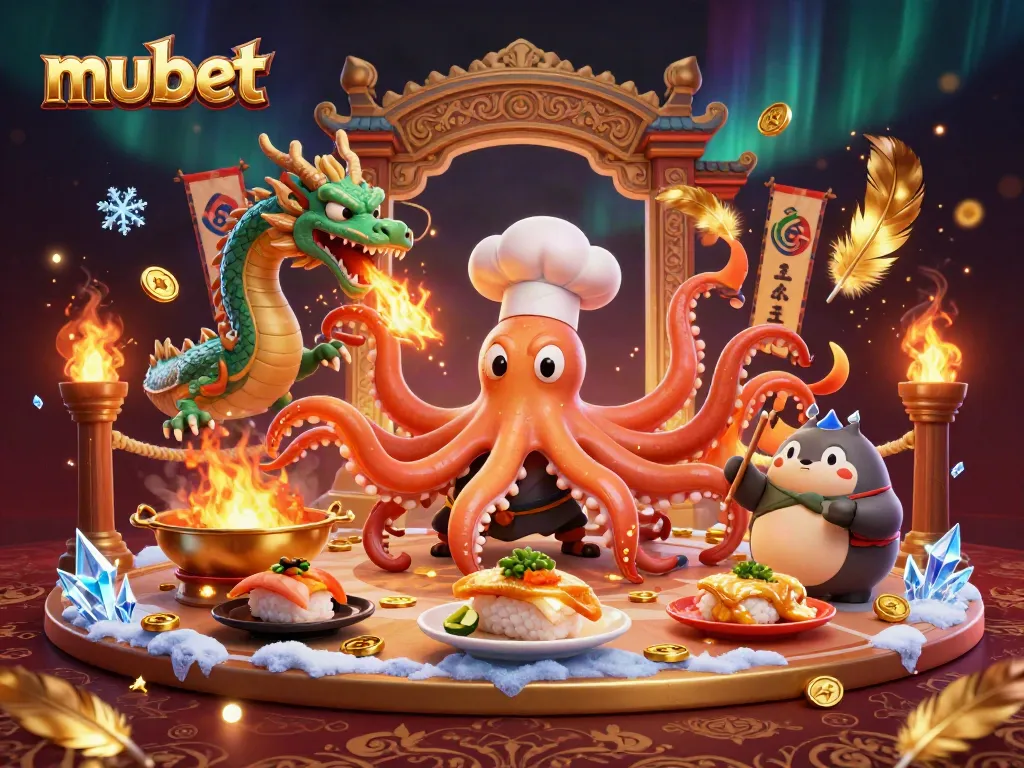 Engage with mubet's exciting atmosphere in a dynamic 3D casino-themed illustration featuring a sushi chef octopus and companions.