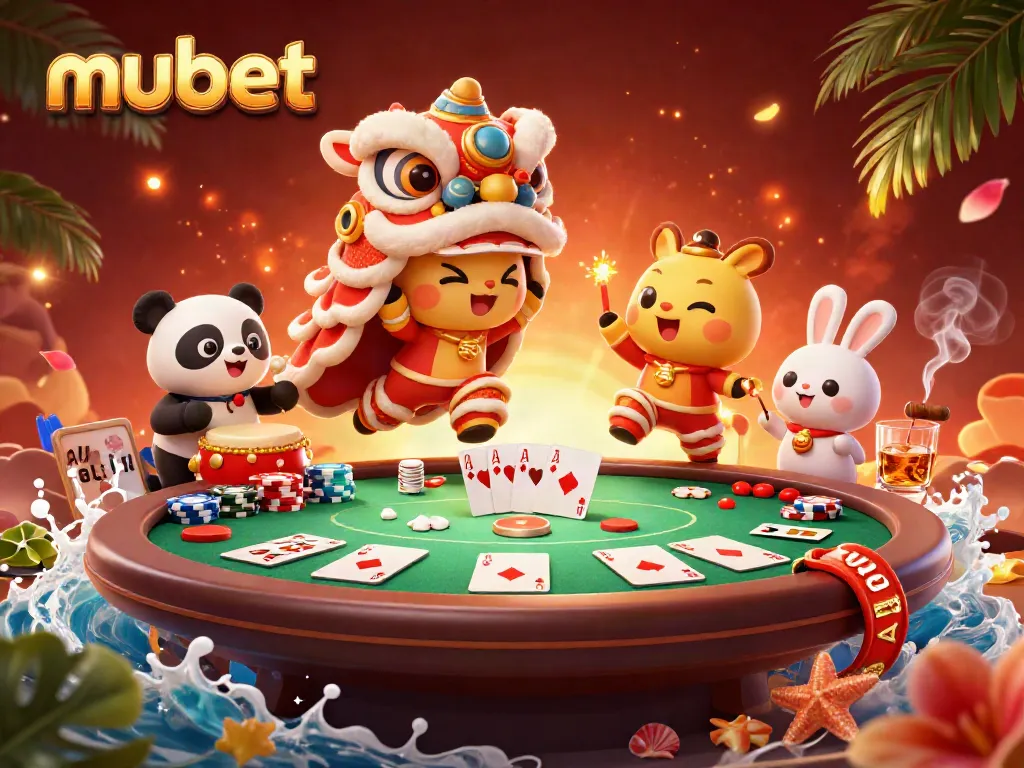 Mubet's vibrant online casino scene features a lion dance and poker elements for an engaging atmosphere.