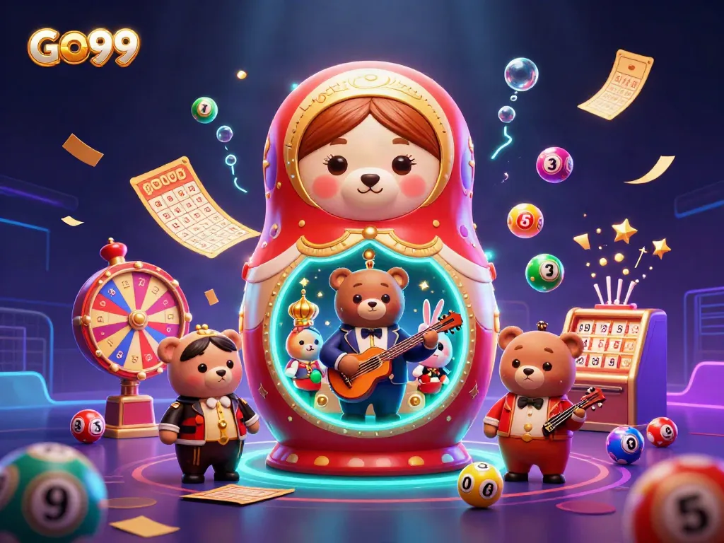 Experience thrilling games with GO99's vibrant 3D casino-themed illustration featuring multiple gaming elements.