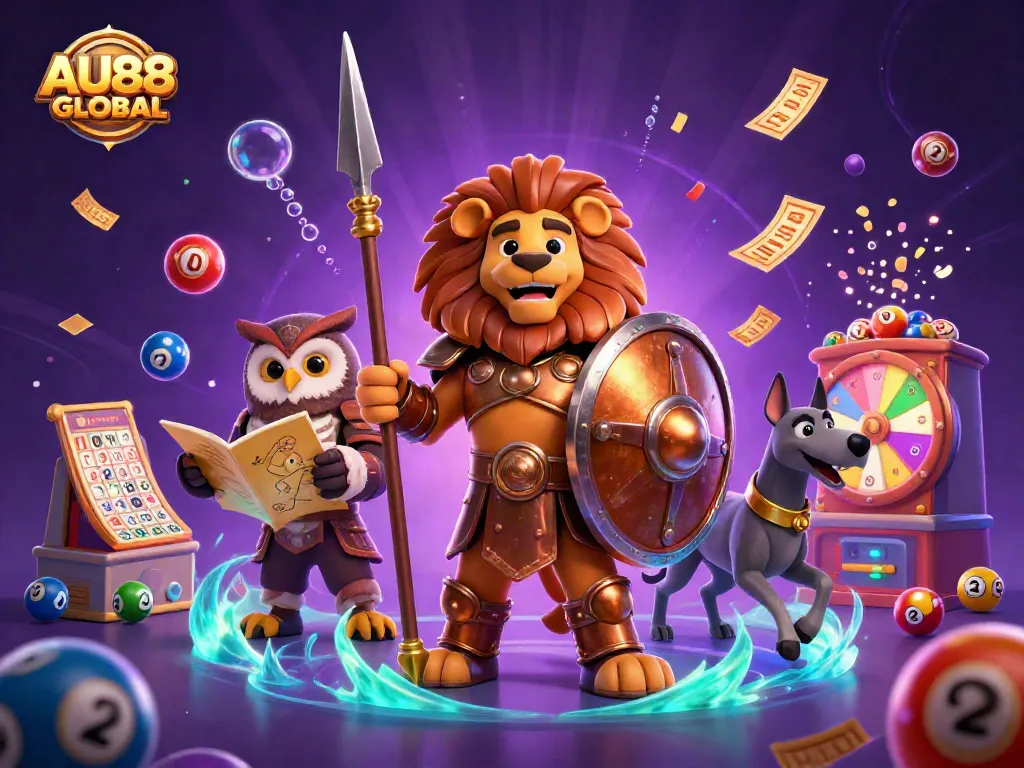 Experience excitement with AU88 GLOBAL in this vibrant 3D illustration showcasing characters and dynamic casino elements.