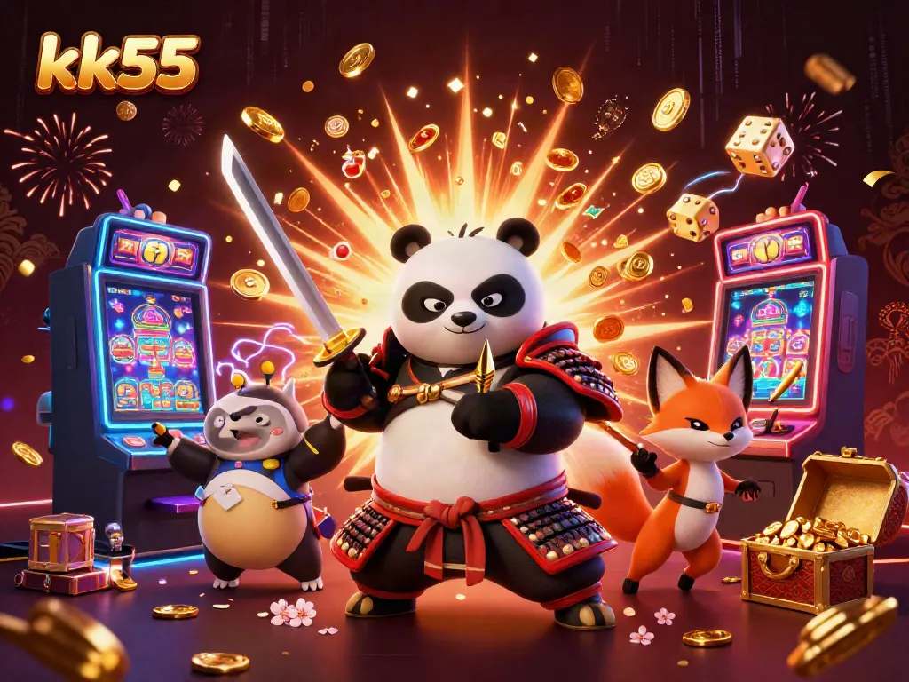 Win big at kk55 with a dynamic scene featuring a samurai panda, ninja fox, and magical tanuki surrounded by casino elements.