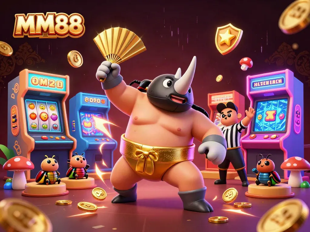 Experience the excitement of MM88 with a dazzling 3D beetle wrestling match surrounded by vibrant slot machines.