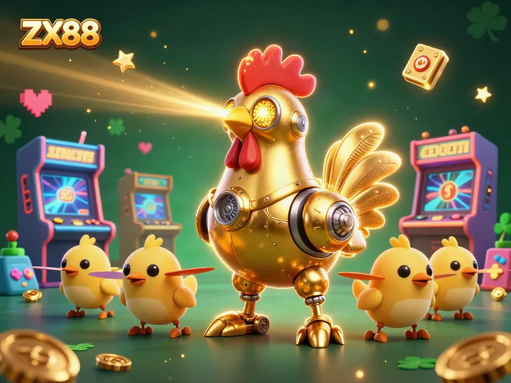 Experience thrilling gameplay at ZX88 with an ultra-detailed casino-themed illustration featuring a golden rooster robot.