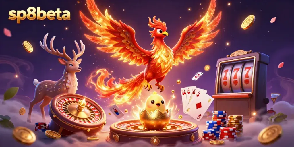 Experience the thrill of sp8beta with a vibrant illustration of phoenixes and casino elements.