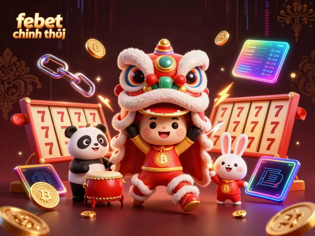 Play thrilling games at febet chính chủ with a vibrant 3D casino illustration showcasing lucky symbols.