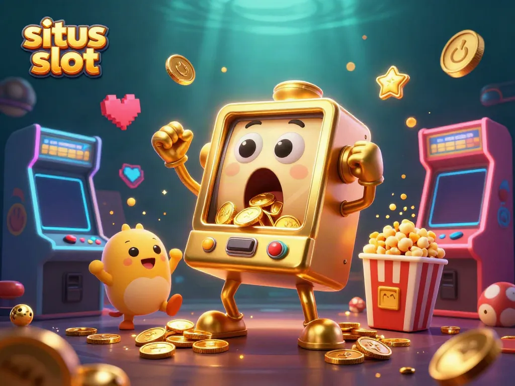 Slot machines celebrate a jackpot win, showcasing situs slot action in a lively casino scene.