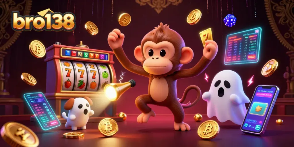 Play thrilling casino games at bro138, featuring jingling coins and lucky symbols from dynamic slots.