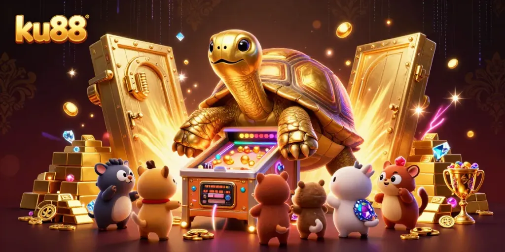 ku88 celebrates exciting gaming with a colossal golden tortoise and treasures in a vibrant casino scene.