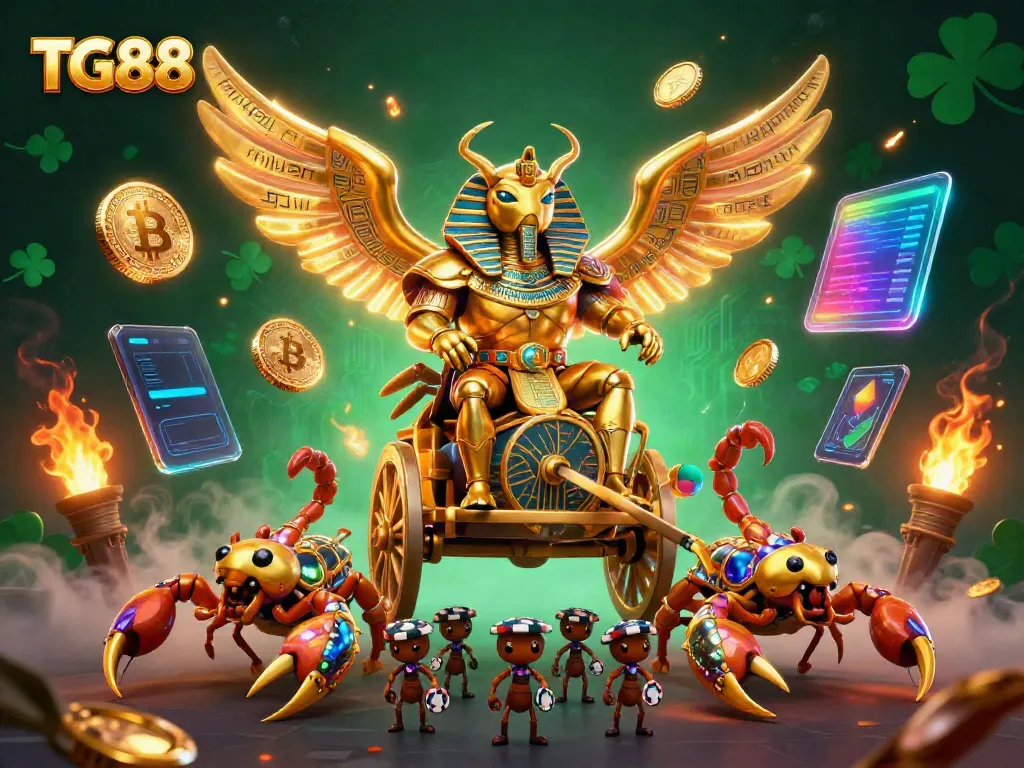 Engage with TG88's vibrant casino scene featuring a golden scarab beetle, scorpions, and poker chips