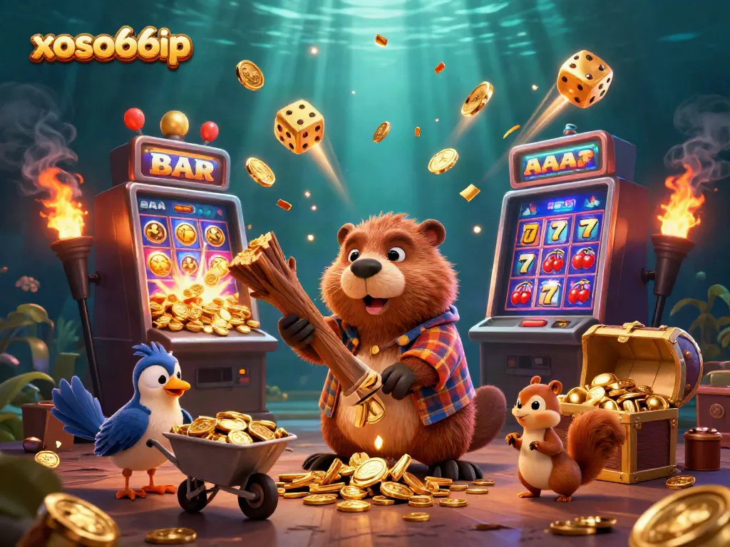 Join the fun at xoso66ip with a lively scene of beaver and friends enjoying a jackpot explosion in a casino!