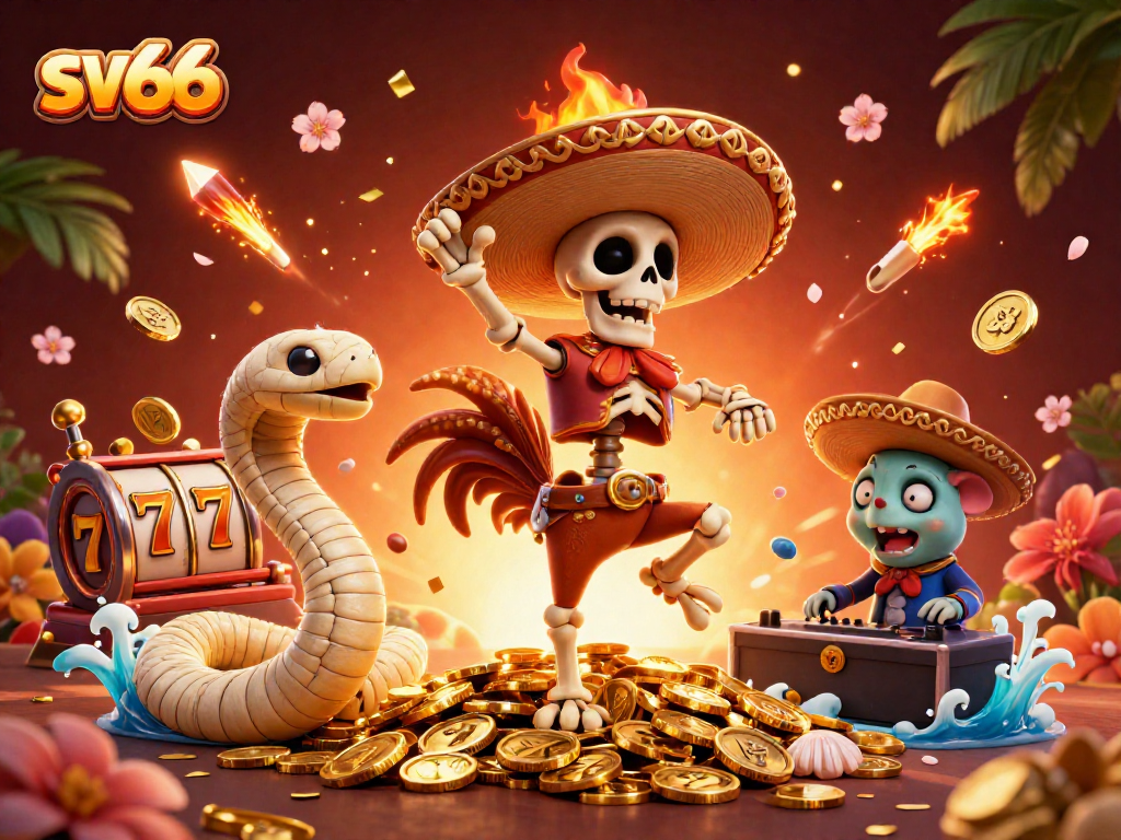 Experience thrilling moments at sv66 with a dynamic 3D illustration of a festive scene featuring slots and vibrant characters.