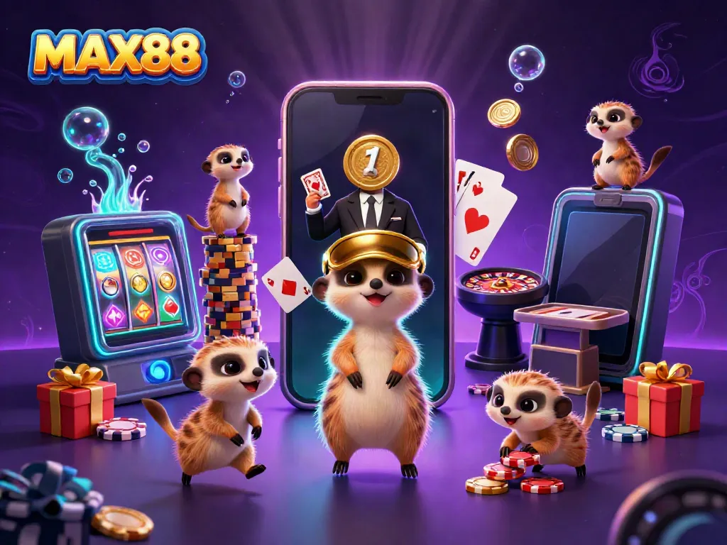 MAX88 engaging meerkats orchestrating a vibrant casino operation with colorful slots and golden coins.