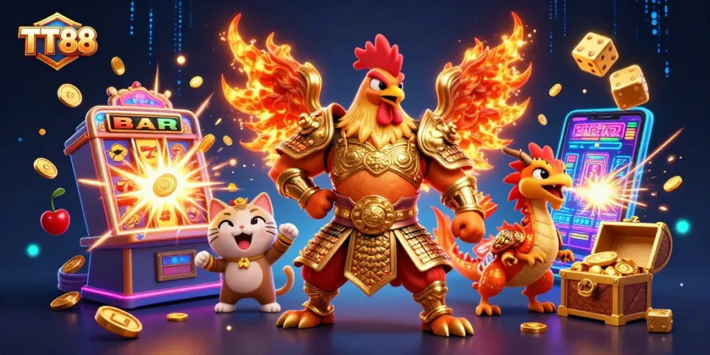 Spin the reels at TT88 with a dynamic illustration featuring a warrior rooster and dragon in a vibrant casino