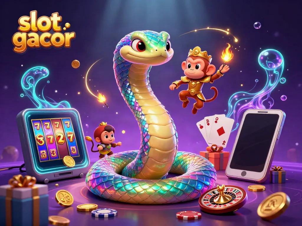 Engage with slot gacor excitement, featuring a colorful serpent, monkey king, and slot game elements.