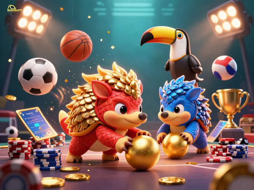 Engage in thrilling bets with keonhacai55 where rival pangolins compete amidst golden balls and poker chips.