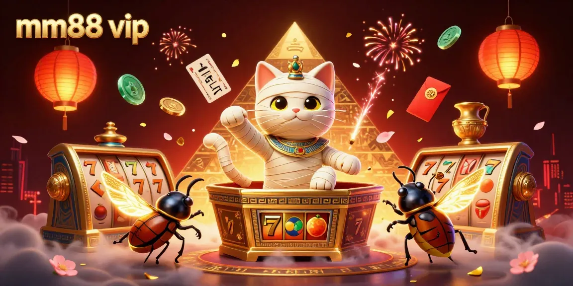 Spin the reels with mm88 vip in a vibrant casino scene featuring Egyptian characters and dynamic game elements.
