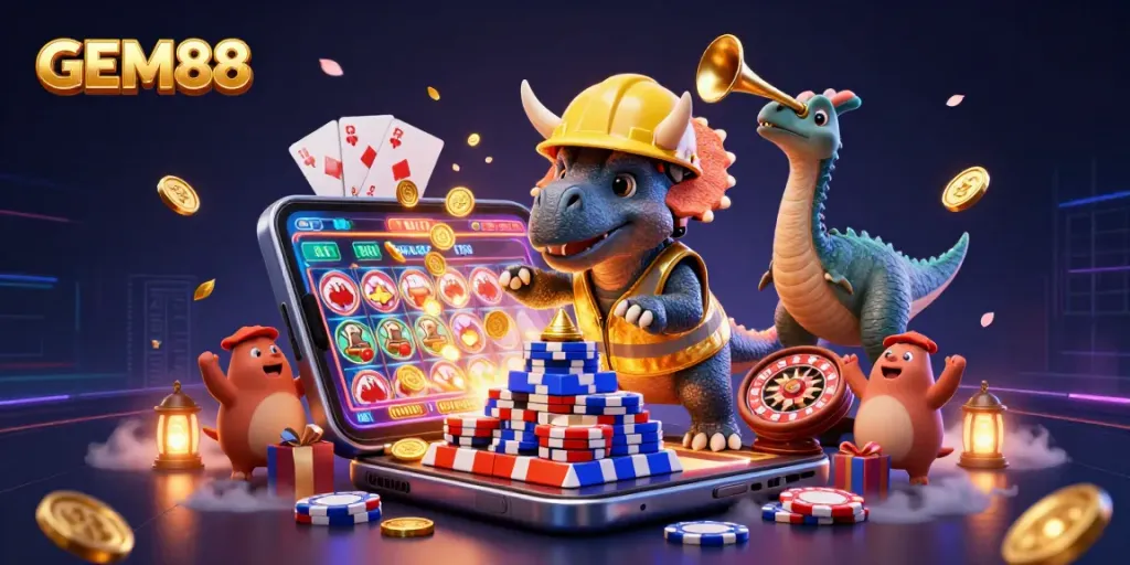 Watch GEM88's exciting cartoon scene with triceratops building poker chips amidst casino festivities.
