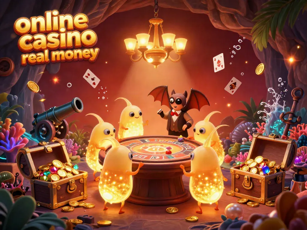 Explore the vibrant ambiance of an online casino real money scene with glowworms illuminating a cave casino.