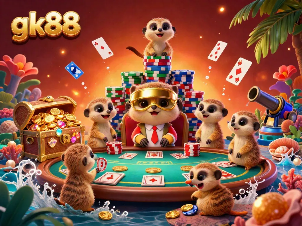 Experience the vibrant gk88 casino scene where playful meerkats engage in lively gambling activities amidst treasure-filled depths.