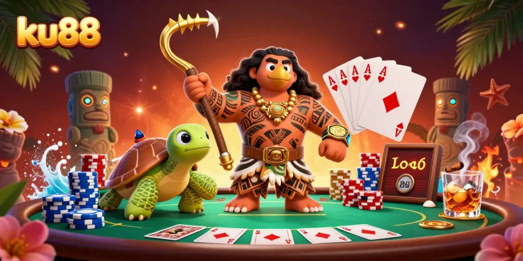 Engage in thrilling gameplay at ku88 with a vibrant 3D casino scene featuring exciting poker elements.