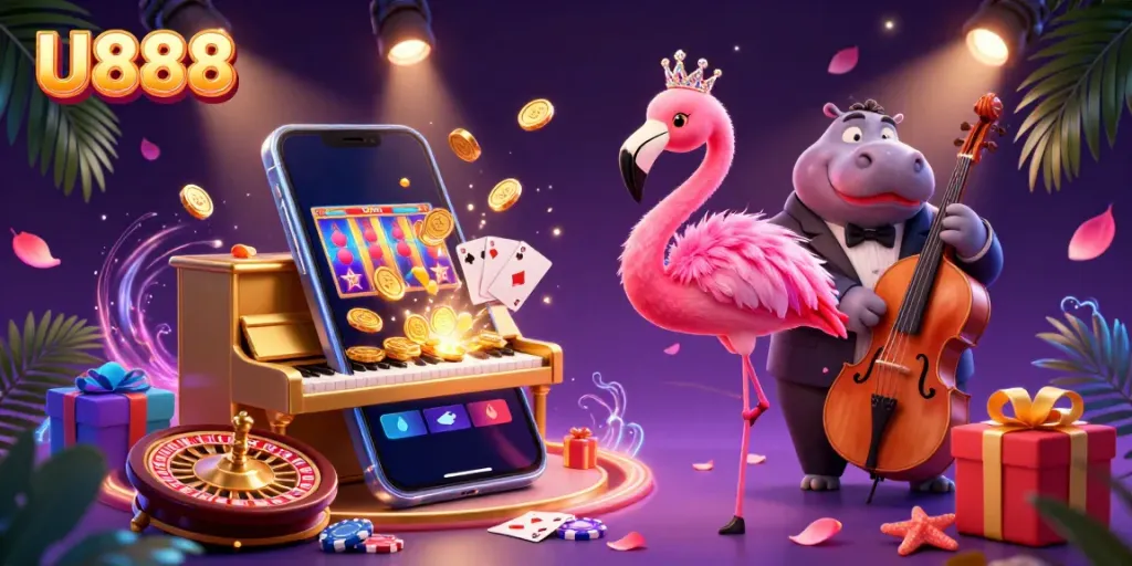 Engage in U888 gaming excitement with a vibrant flamingo singer and hippo bassist under dazzling lights.
