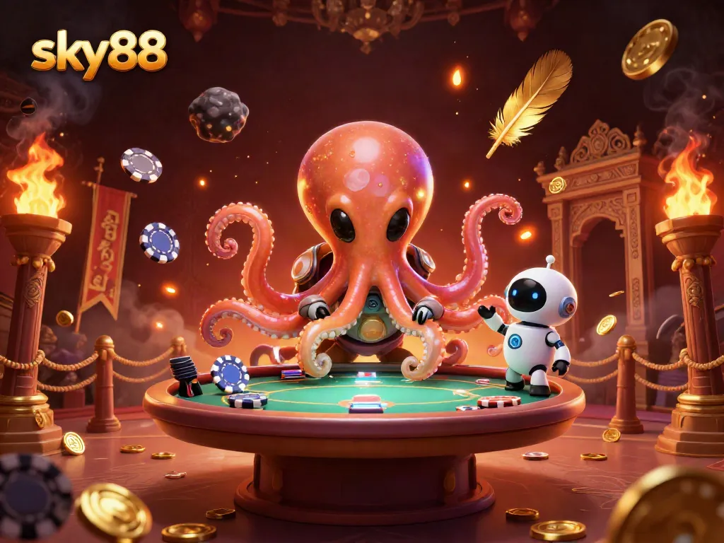 Engage with the thrilling atmosphere at sky88 featuring a vibrant alien octopus poker scene.