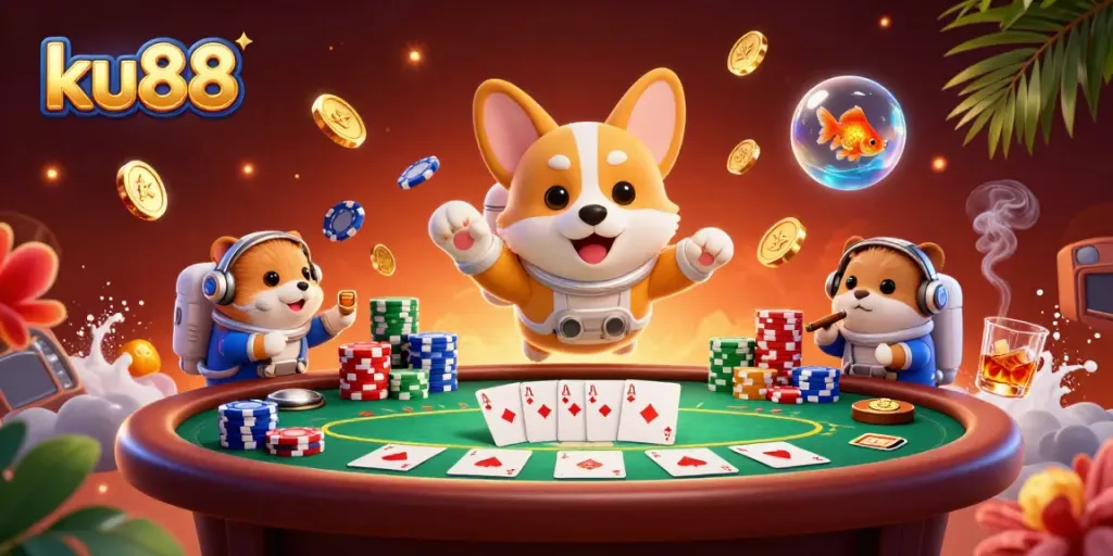 Experience exciting gaming at ku88 in a vibrant, animated casino scene featuring a floating corgi.