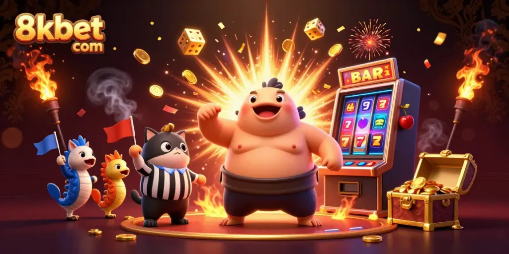 Experience excitement with 8kbet com as the fugu and friends celebrate a jackpot in an underwater casino.