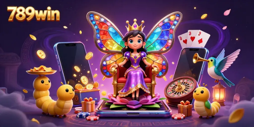 Experience exciting games with vibrant 789win casino elements and a butterfly queen illustration.