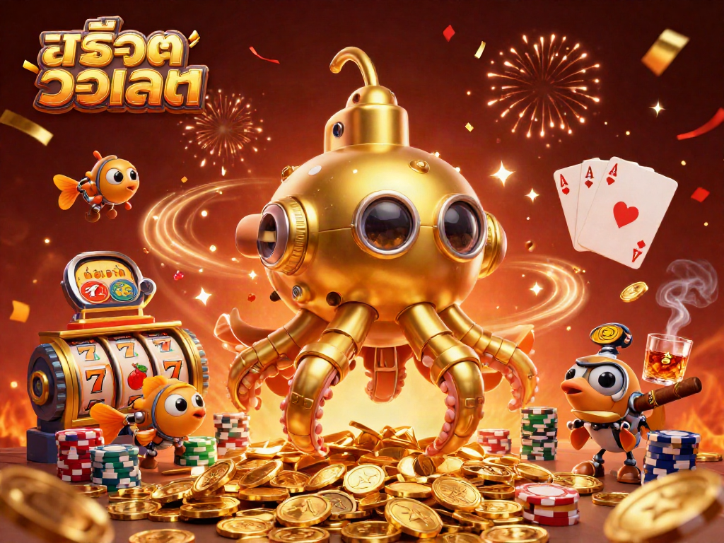 Play สล็อตวอเลท with excitement in a vibrant casino scene featuring golden kraken and poker elements.
