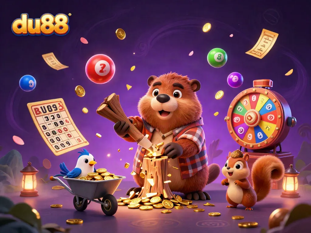 Experience thrilling jackpots at du88 with a cheerful beaver amidst a golden coin shower, showcasing vibrant gambling elements.