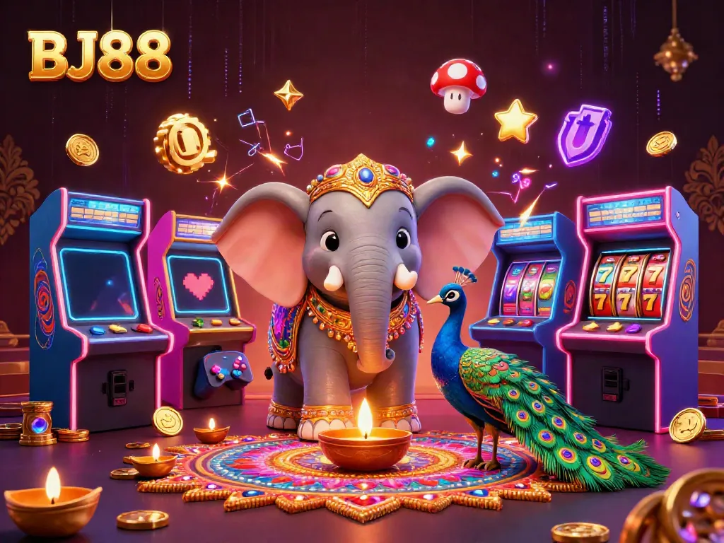 A vibrant 3D illustration representing BJ88, showcasing a colorful casino scene with a Diwali-themed elephant, peacock, and arcade games.