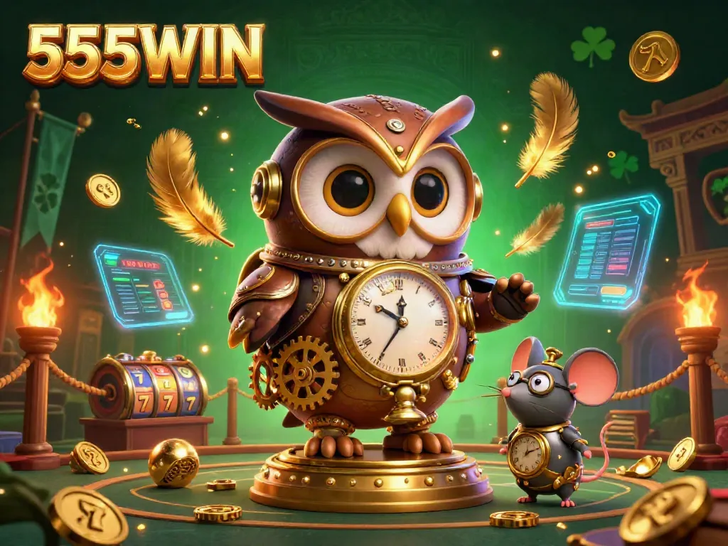 Join the thrilling action at 555WIN, where a steampunk owl and mouse navigate a vibrant casino scene filled with slots and excitement.