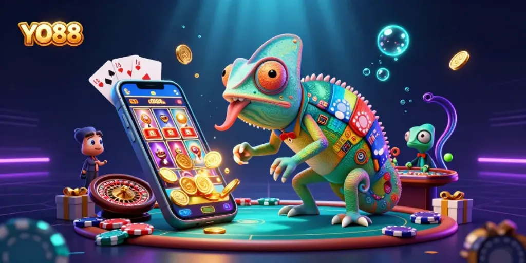 Experience energizing gameplay at YO88, featuring a vibrant chameleon owner and dynamic casino elements.