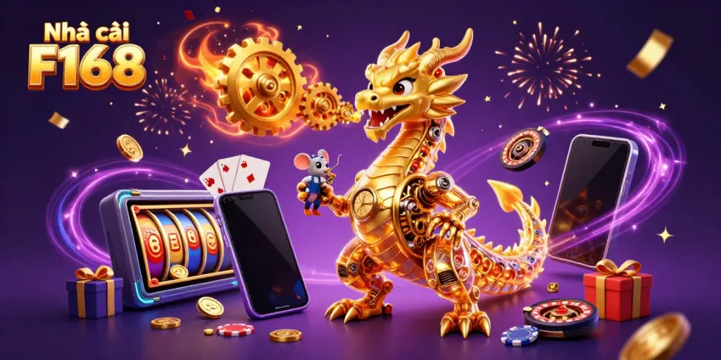 Experience the thrill of gambling at Nhà cái F168 with a spectacular 3D dragon and gaming elements.
