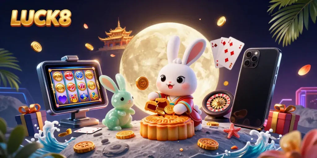 LUCK8's vibrant casino scene featuring a lucky moon rabbit, exploding slot games, and poker chips.