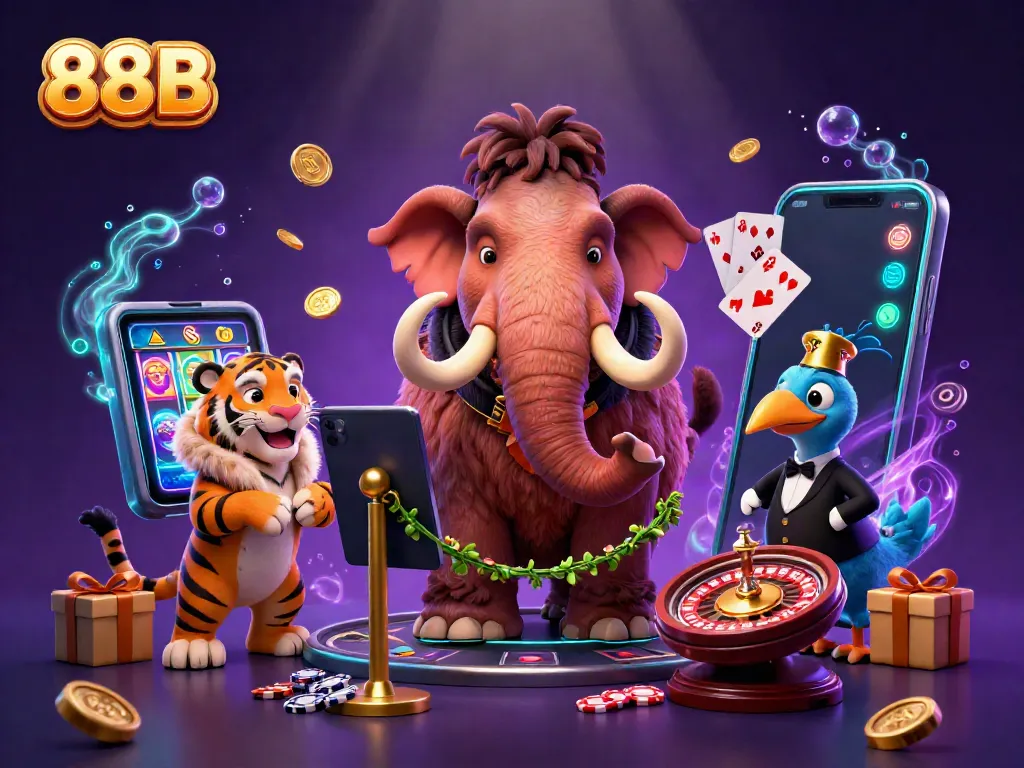 Experience the vibrant casino atmosphere with 88B featuring a woolly mammoth bouncer managing the entrance.