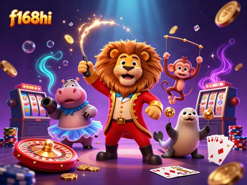 Experience thrilling gaming at f168hi with a vibrant circus-themed casino scene packed with winning elements.